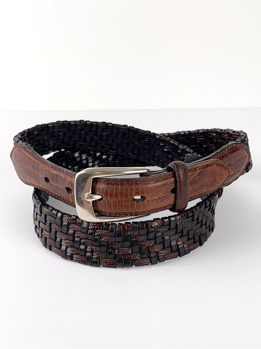 Vintage Brighton woven leather belt brown & black with reptile embossing size 36